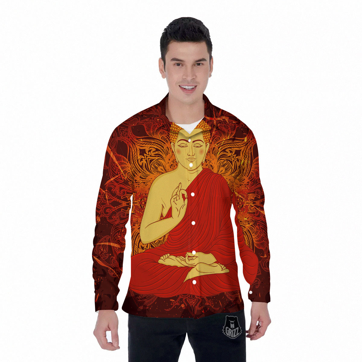 Buddha Statue Vintage Print Men's Long Sleeve Shirts-grizzshop