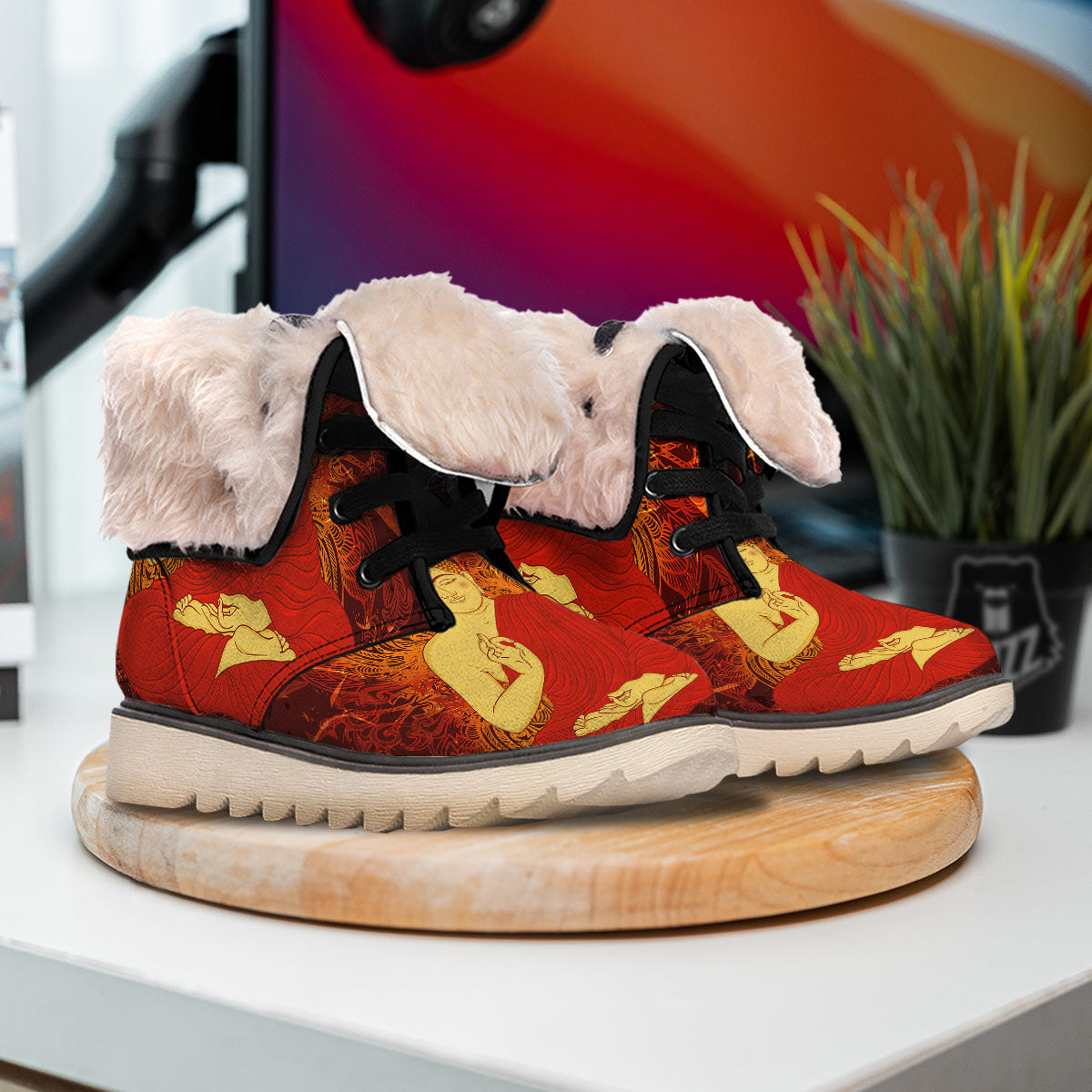 Buddha Statue Vintage Print Snow Boots-grizzshop