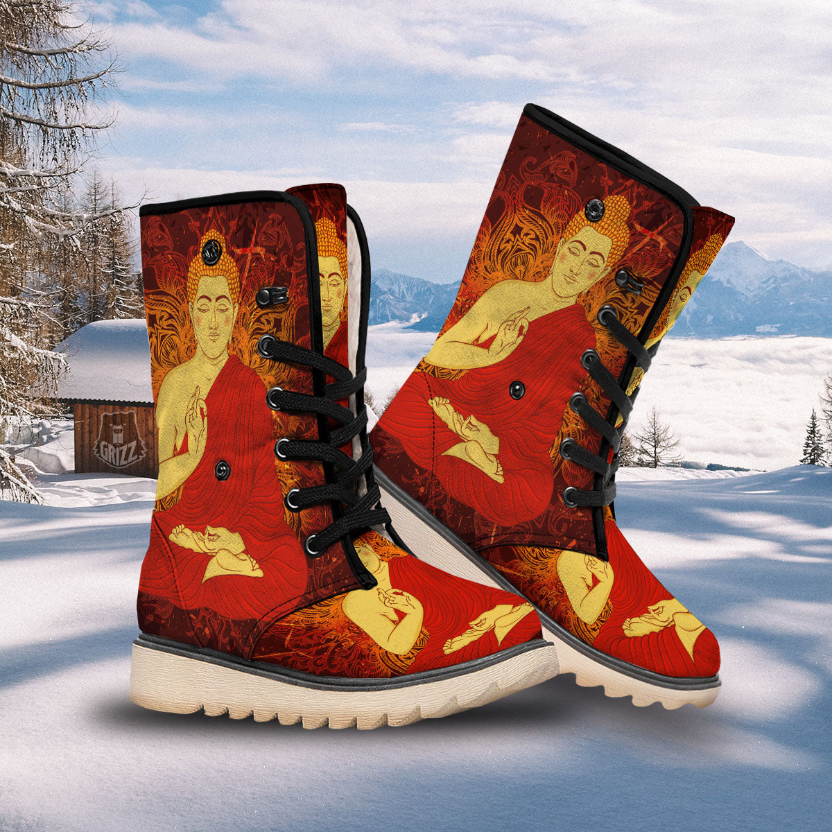 Buddha Statue Vintage Print Snow Boots-grizzshop