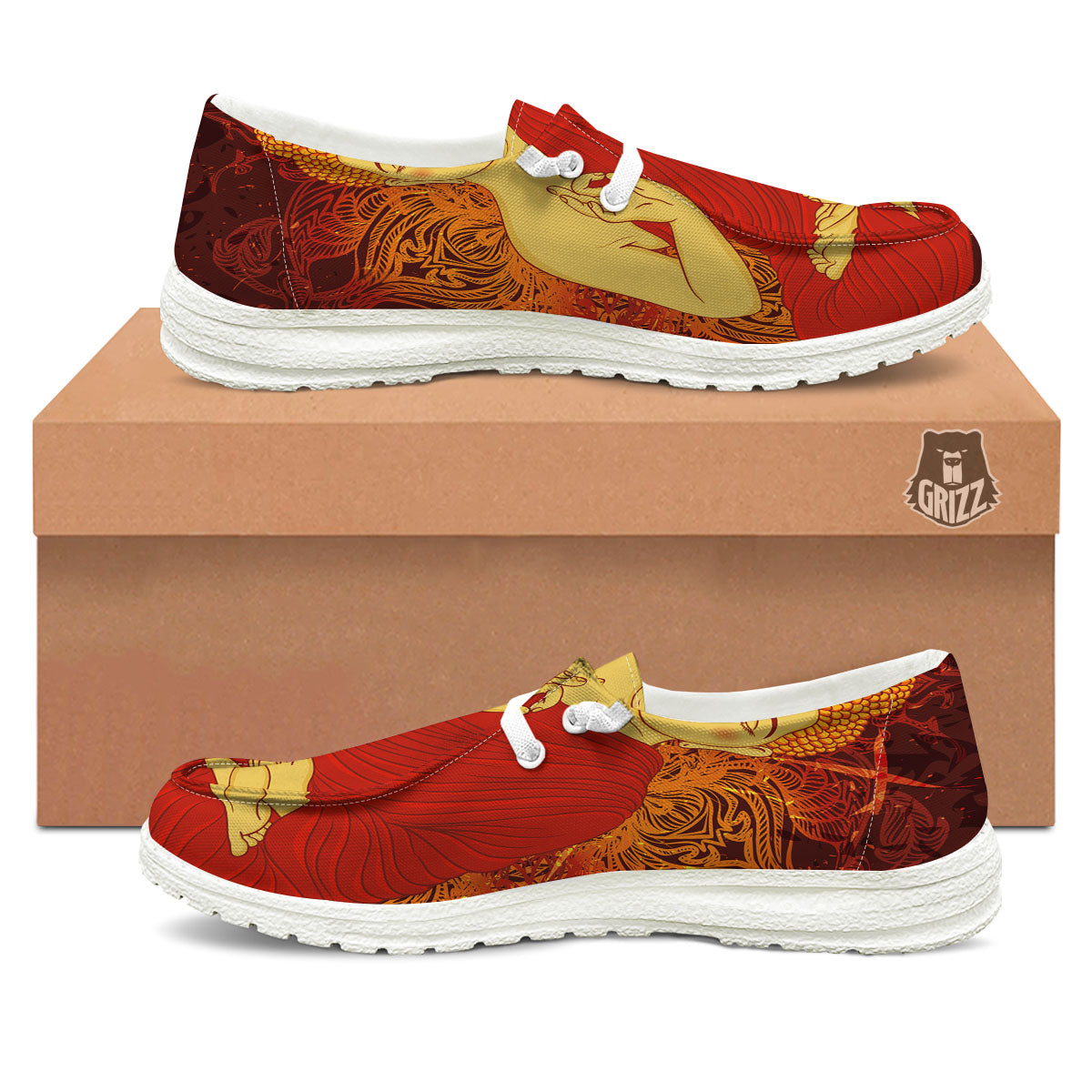 Buddha Statue Vintage Print White Loafers-grizzshop