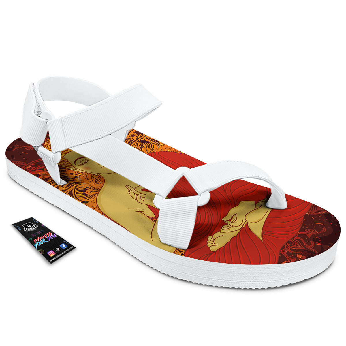 Buddha Statue Vintage Print White Open Toe Sandals-grizzshop