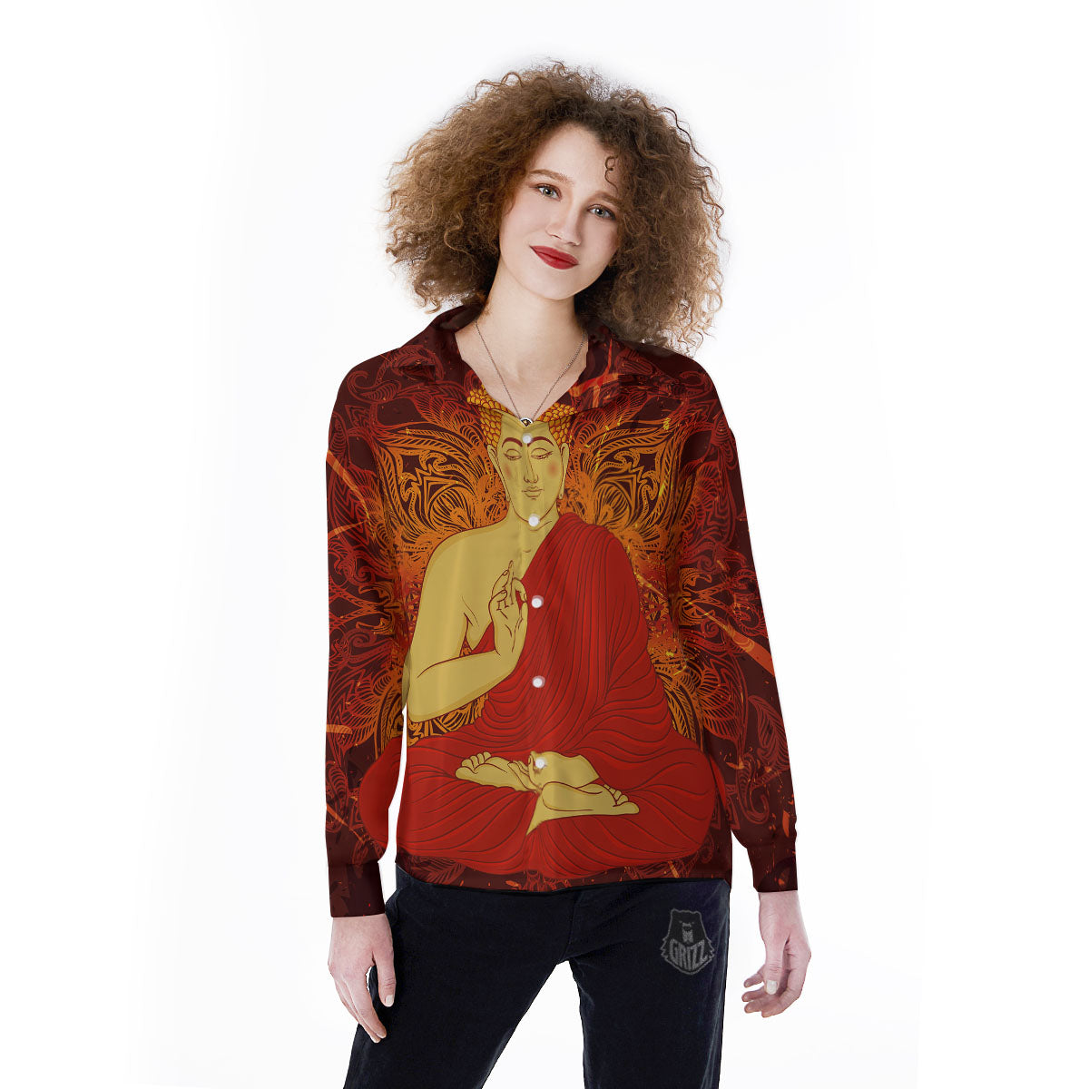 Buddha Statue Vintage Print Women's Long Sleeve Shirts-grizzshop