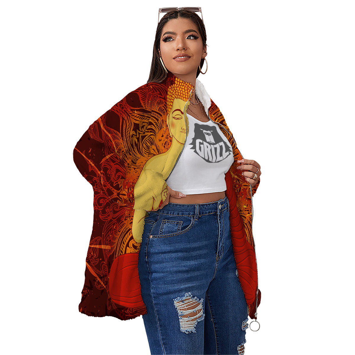 Buddha Statue Vintage Print Women's Sherpa Jacket-grizzshop