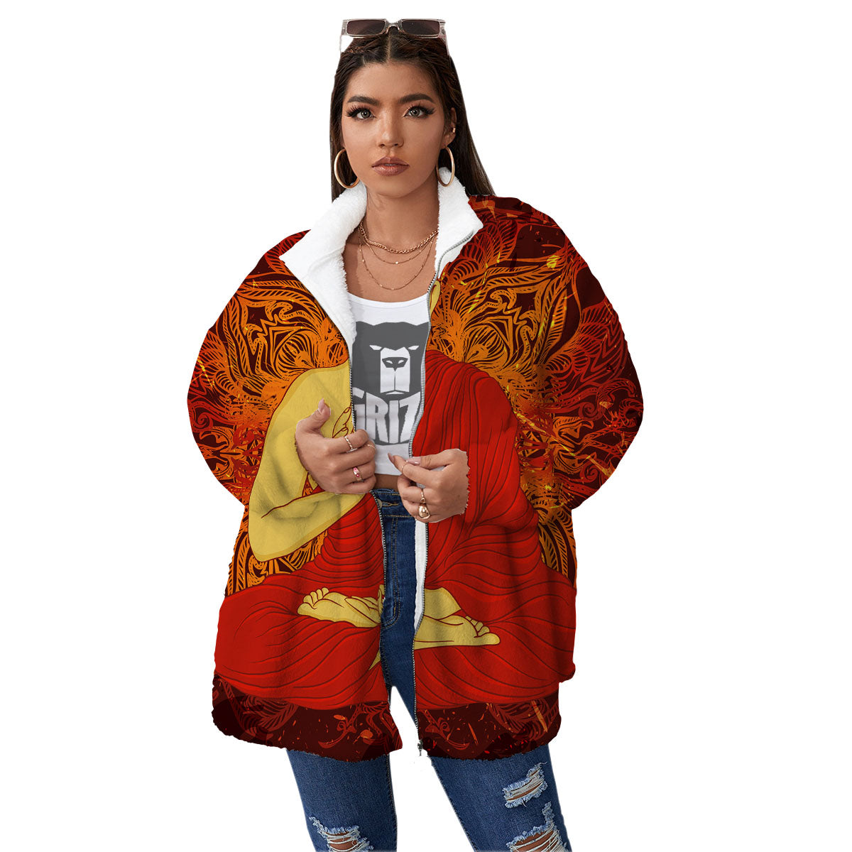 Buddha Statue Vintage Print Women's Sherpa Jacket-grizzshop