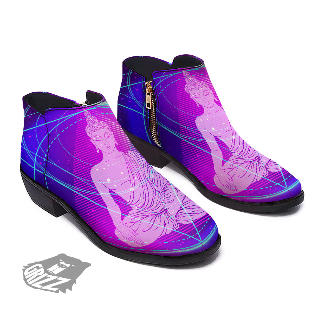 Buddha Teal And Purple Print Ankle Boots-grizzshop