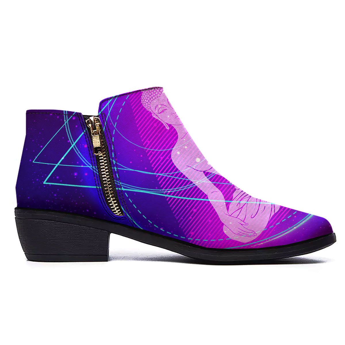 Buddha Teal And Purple Print Ankle Boots-grizzshop