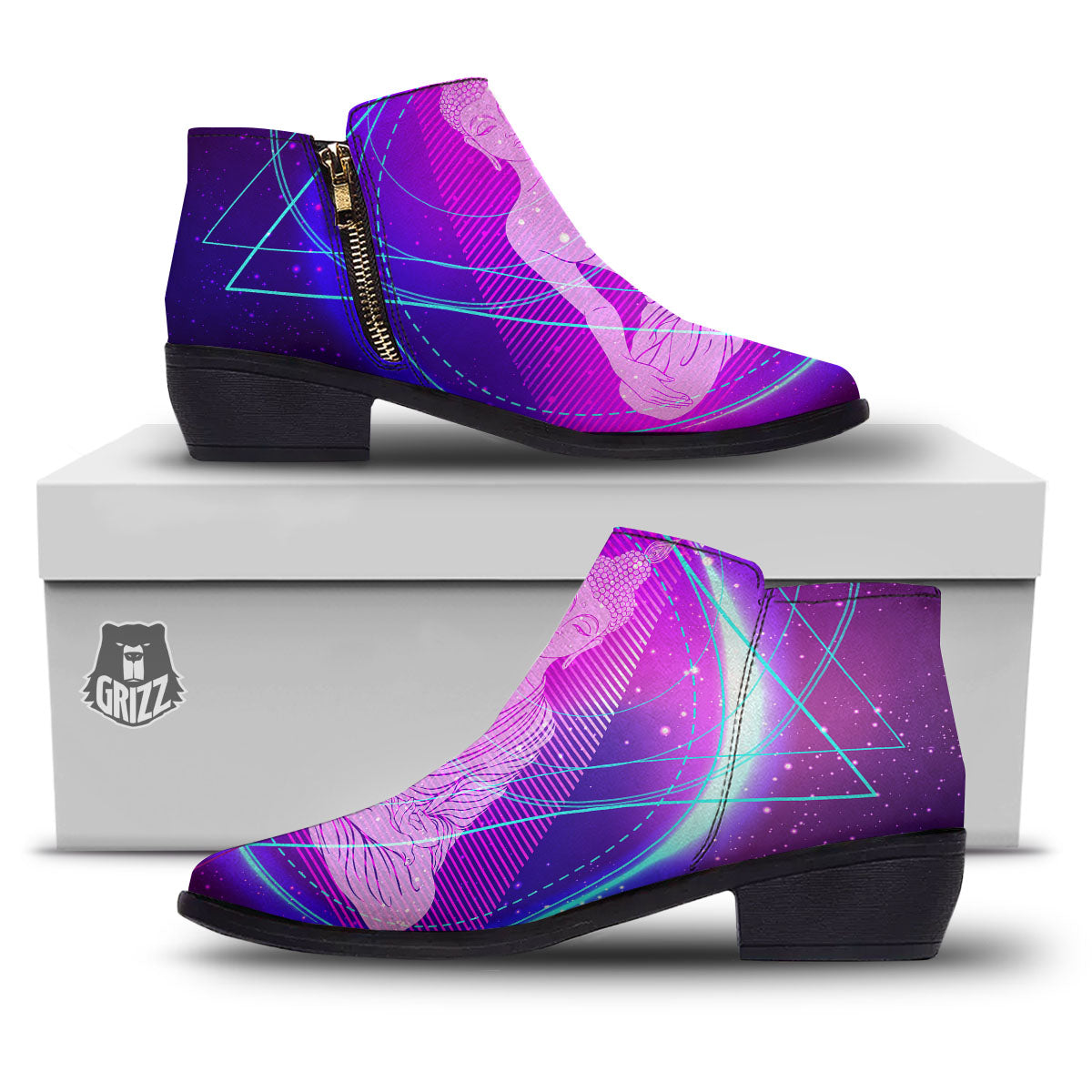 Buddha Teal And Purple Print Ankle Boots-grizzshop