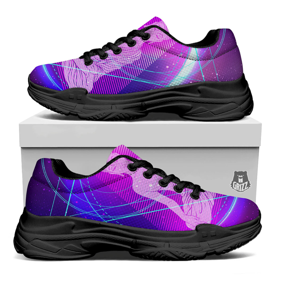 Buddha Teal And Purple Print Black Chunky Shoes-grizzshop