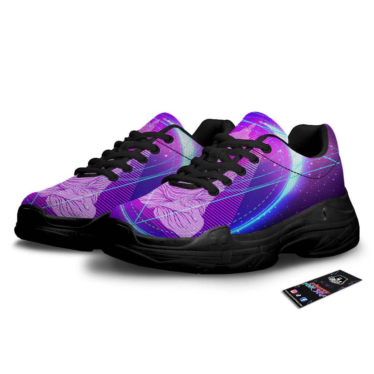 Buddha Teal And Purple Print Black Chunky Shoes-grizzshop