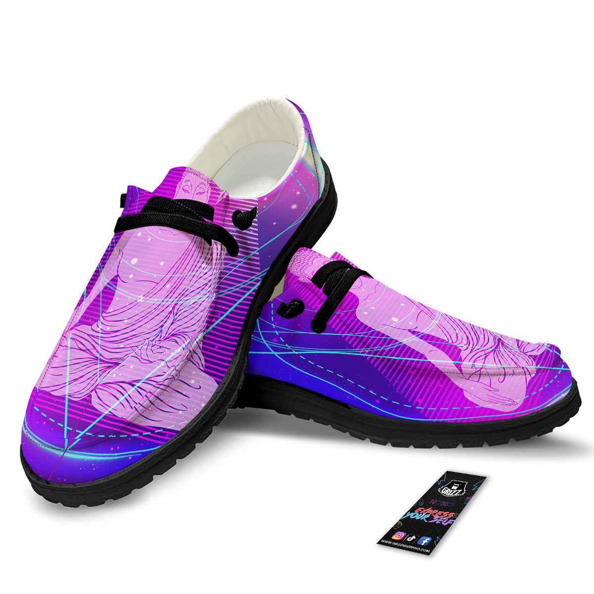 Buddha Teal And Purple Print Black Loafers-grizzshop