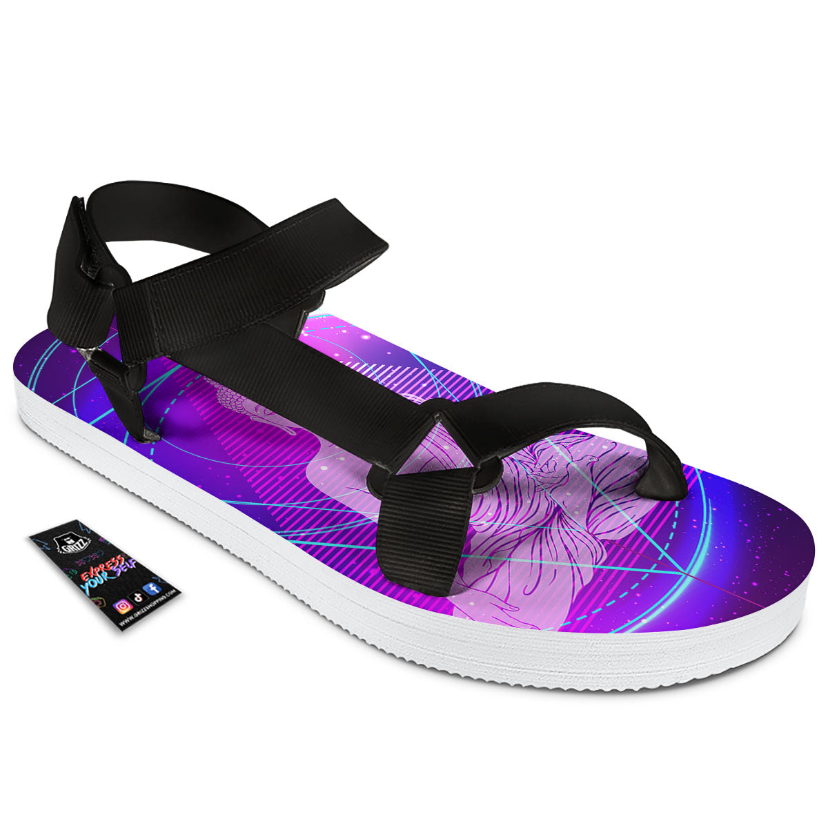 Buddha Teal And Purple Print Black Open Toe Sandals-grizzshop