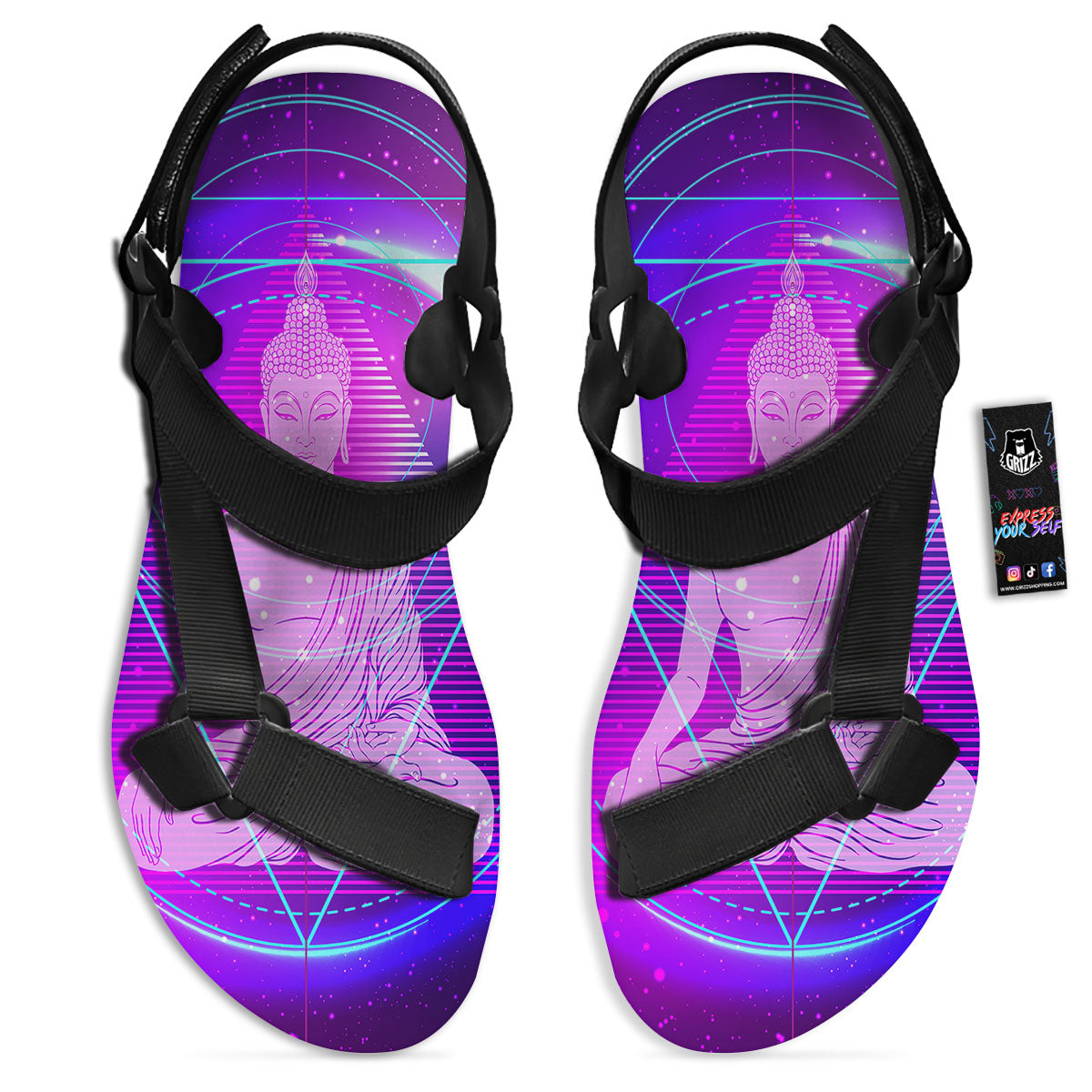 Buddha Teal And Purple Print Black Open Toe Sandals-grizzshop