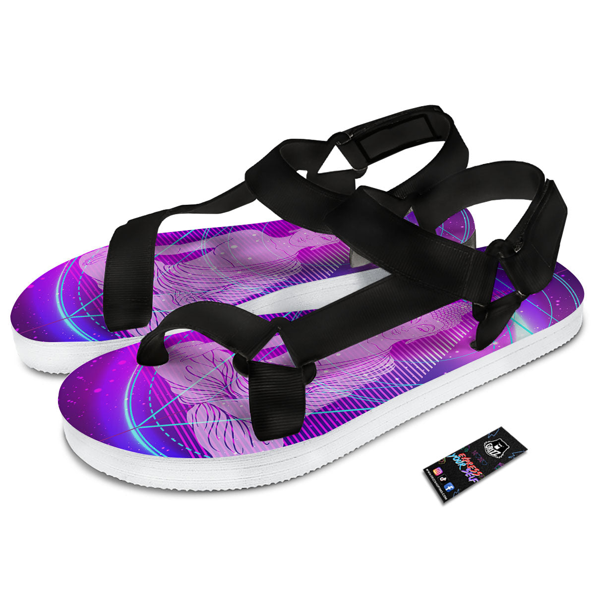 Buddha Teal And Purple Print Black Open Toe Sandals-grizzshop