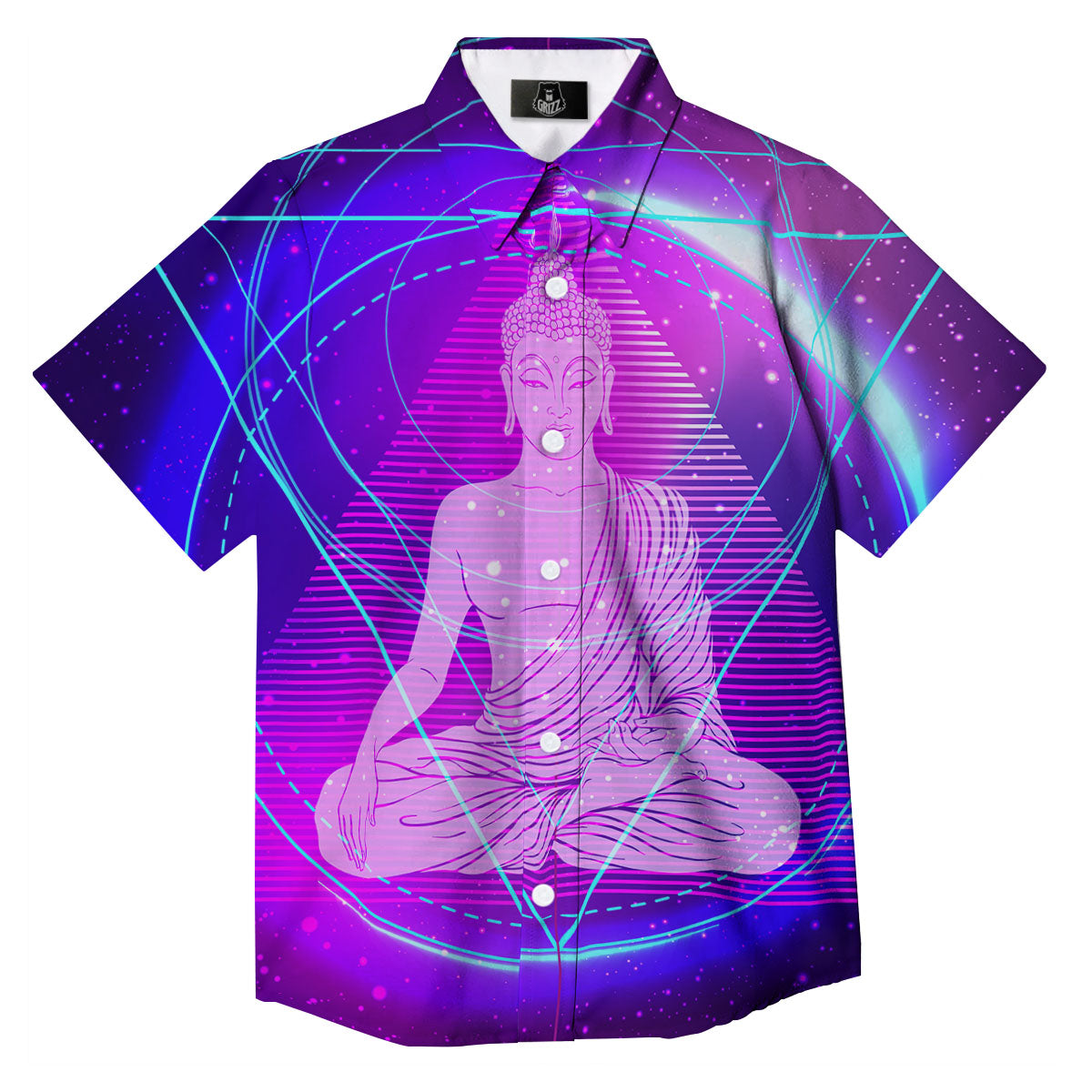Buddha Teal And Purple Print Button Up Shirt-grizzshop