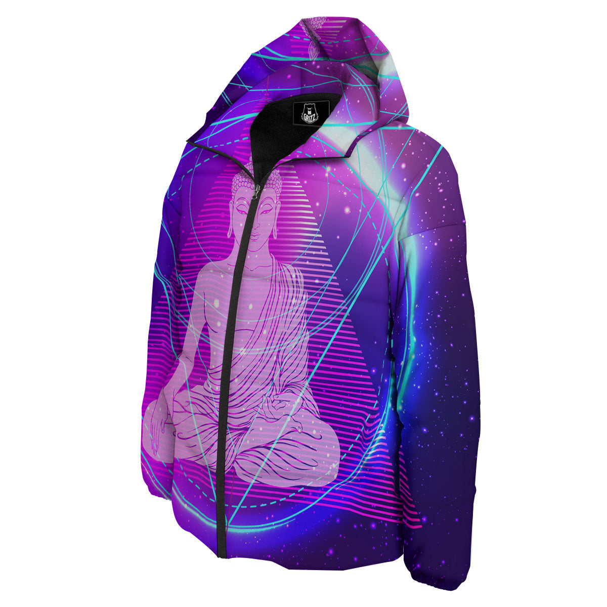 Buddha Teal And Purple Print Down Jacket-grizzshop