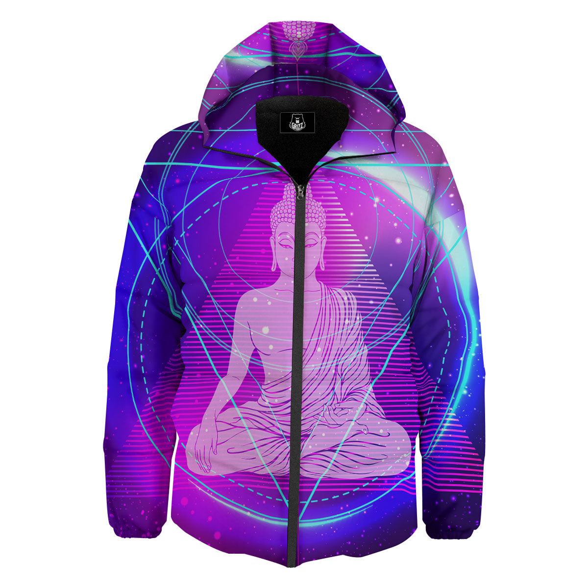 Buddha Teal And Purple Print Down Jacket-grizzshop