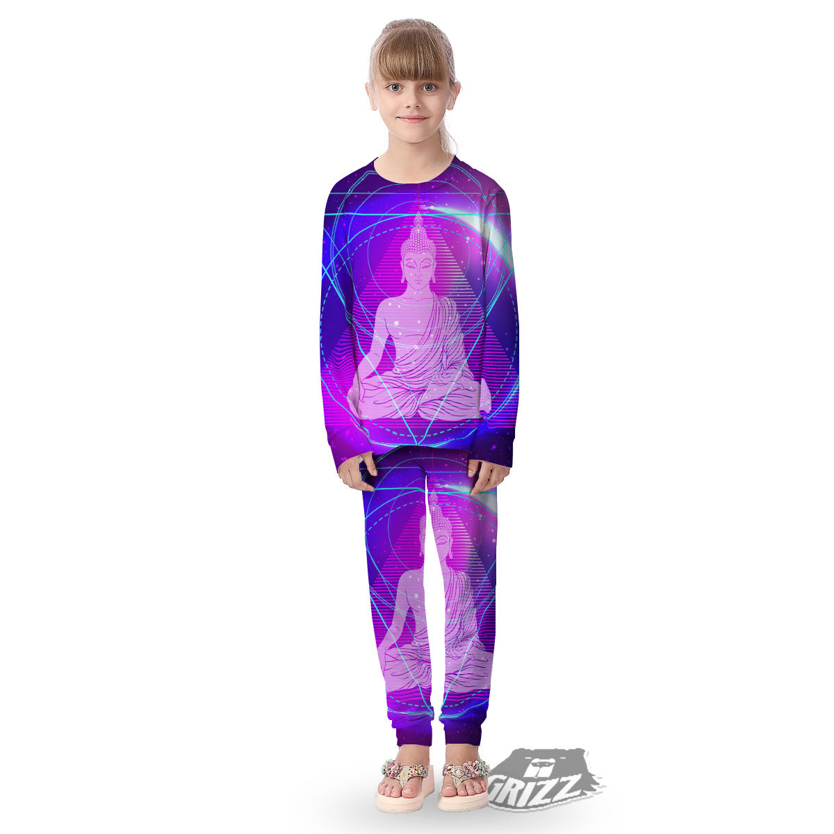 Buddha Teal And Purple Print Kid's Pajamas-grizzshop
