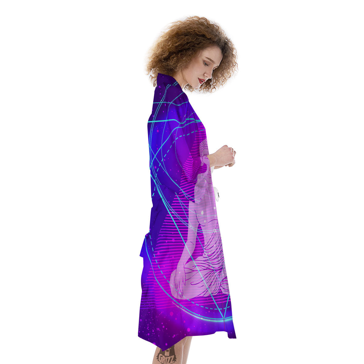 Buddha Teal And Purple Print Kimono-grizzshop