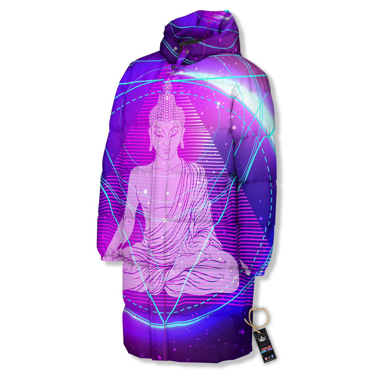 Buddha Teal And Purple Print Long Down Jacket-grizzshop
