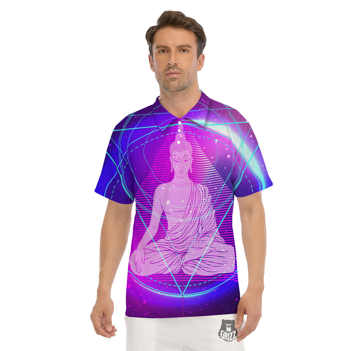 Buddha Teal And Purple Print Men's Golf Shirts-grizzshop