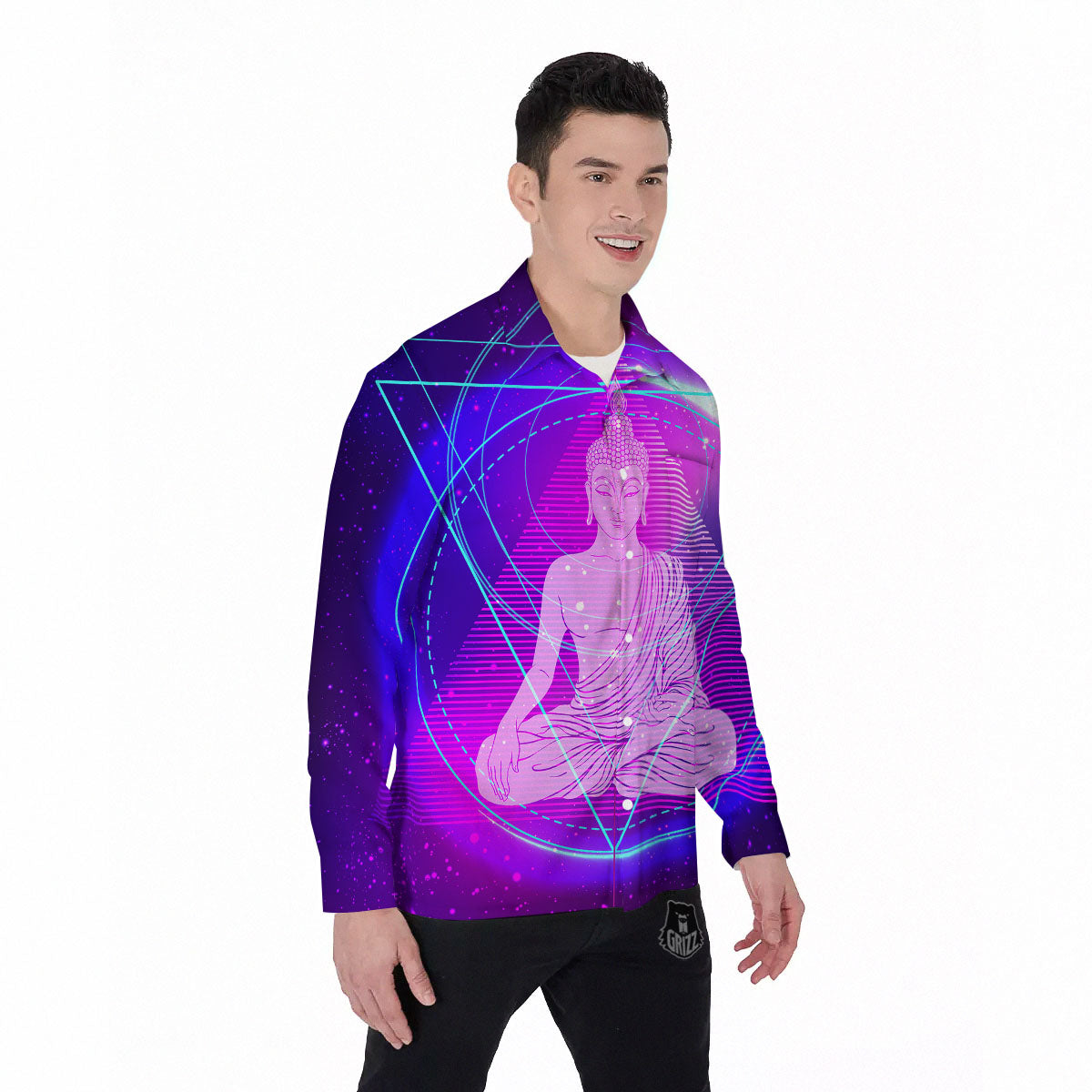 Buddha Teal And Purple Print Men's Long Sleeve Shirts-grizzshop