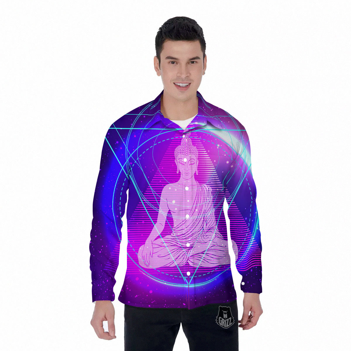 Buddha Teal And Purple Print Men's Long Sleeve Shirts-grizzshop
