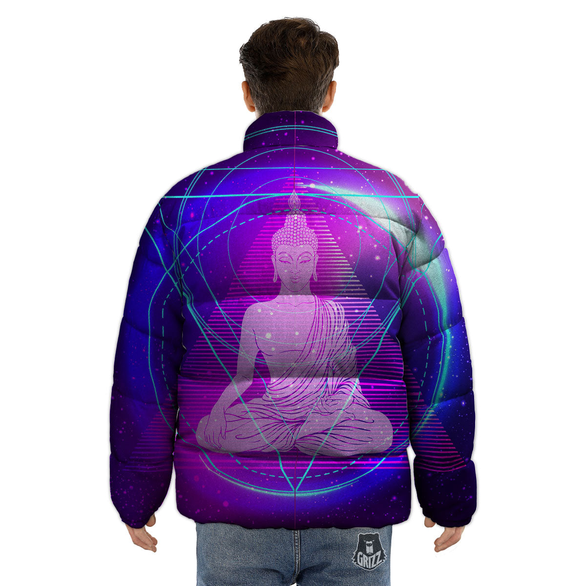 Buddha Teal And Purple Print Puffer Jacket-grizzshop