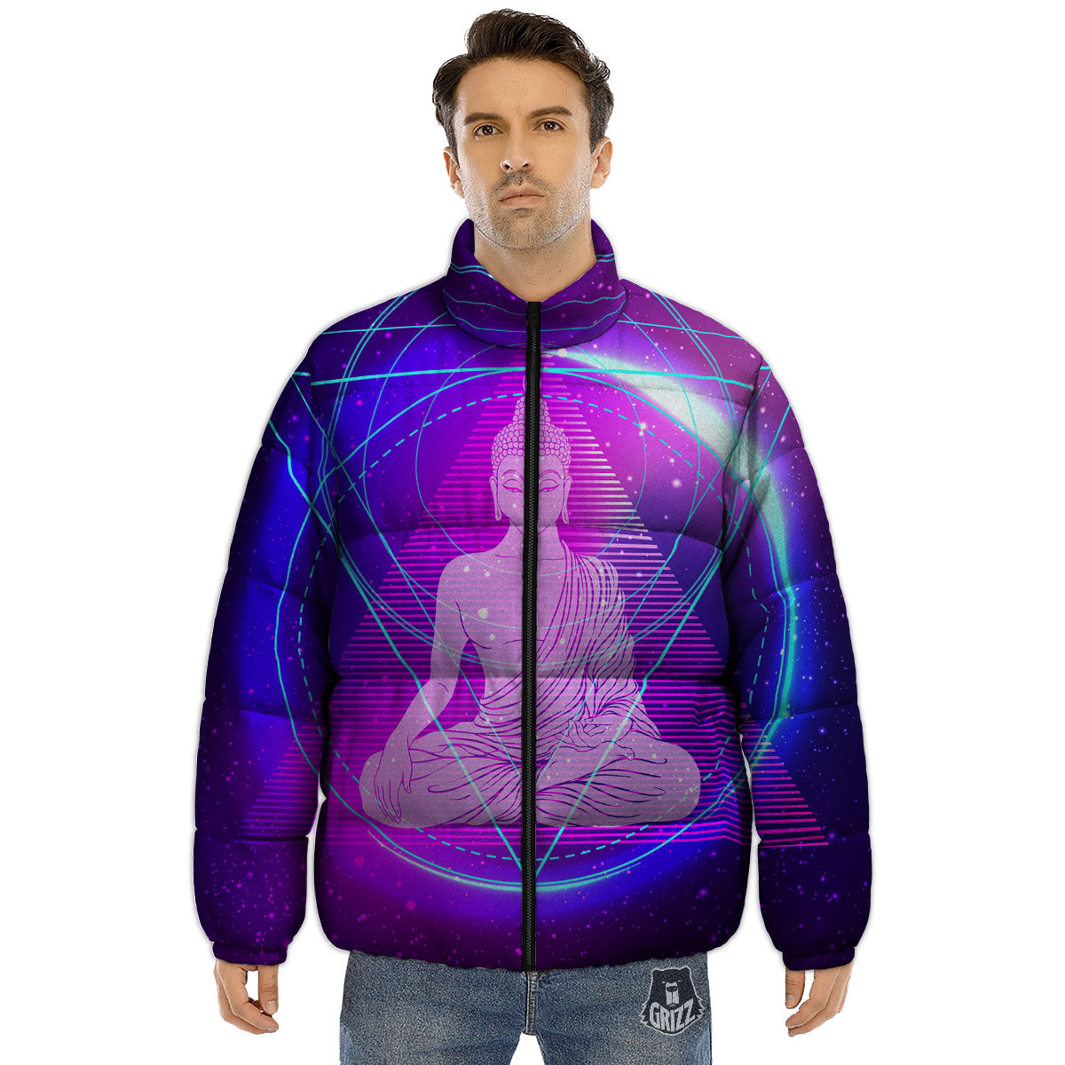 Buddha Teal And Purple Print Puffer Jacket-grizzshop