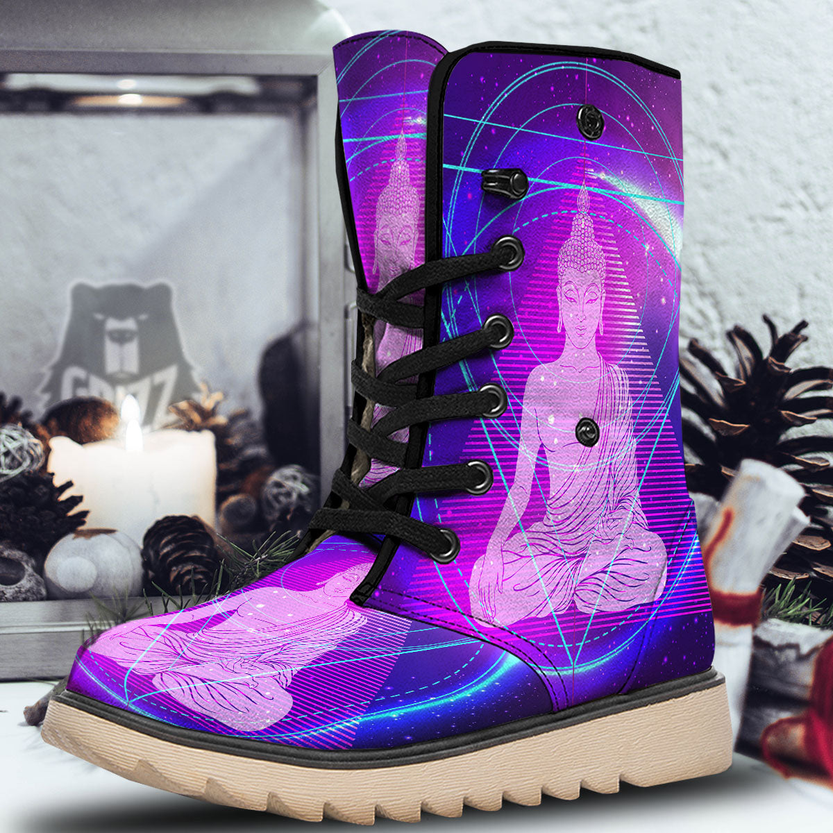 Buddha Teal And Purple Print Snow Boots-grizzshop