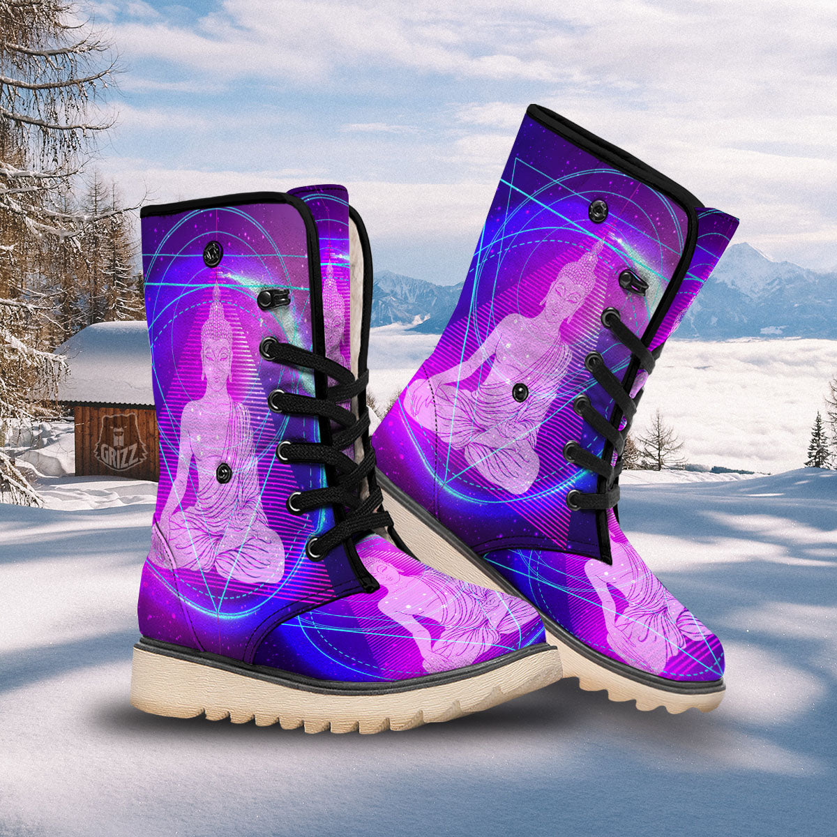 Buddha Teal And Purple Print Snow Boots-grizzshop