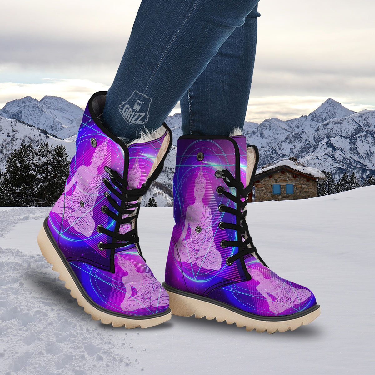 Buddha Teal And Purple Print Snow Boots-grizzshop