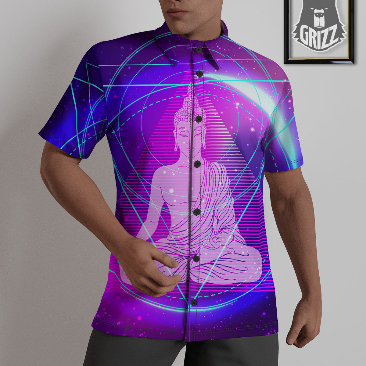 Buddha Teal And Purple Print Untucked Shirts-grizzshop