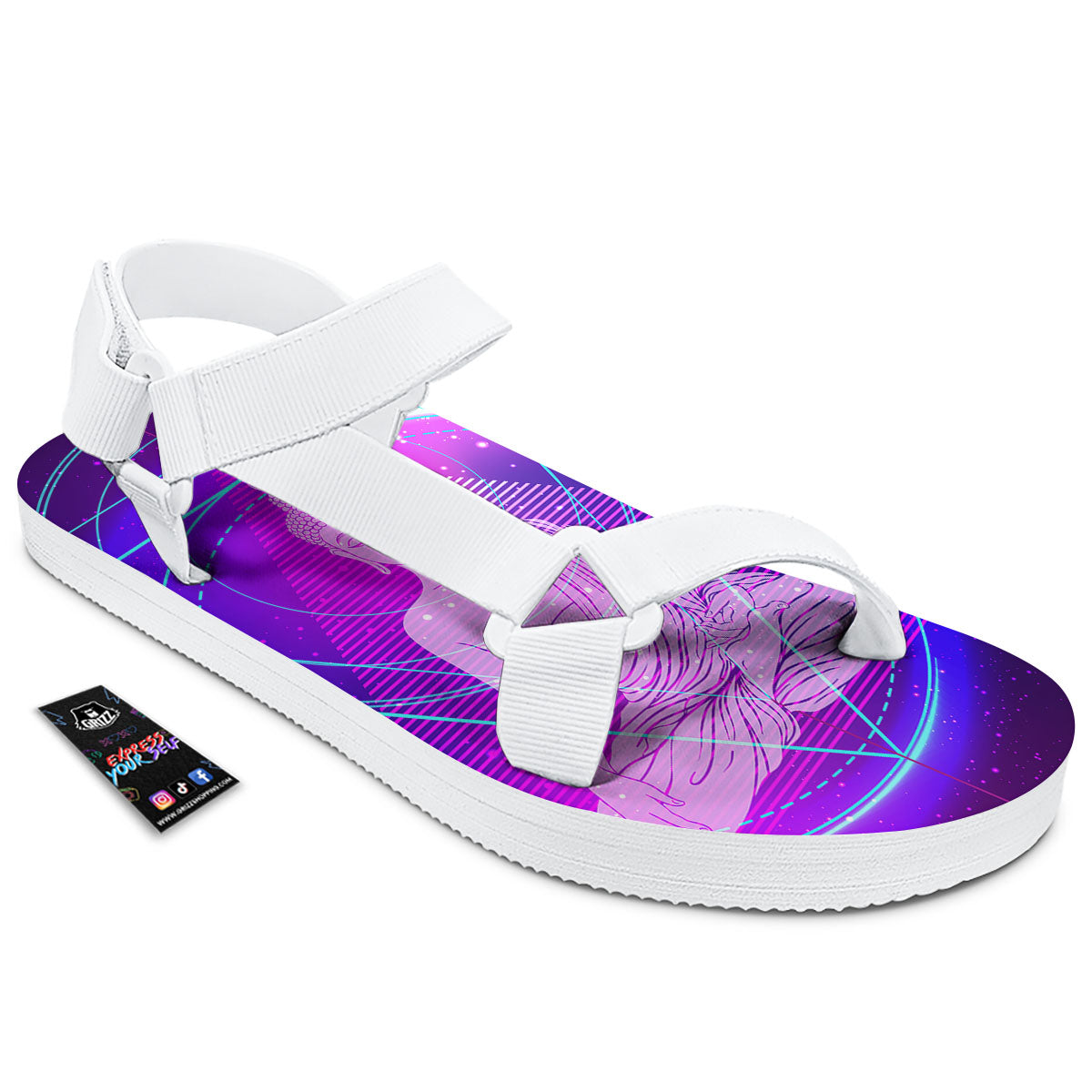 Buddha Teal And Purple Print White Open Toe Sandals-grizzshop