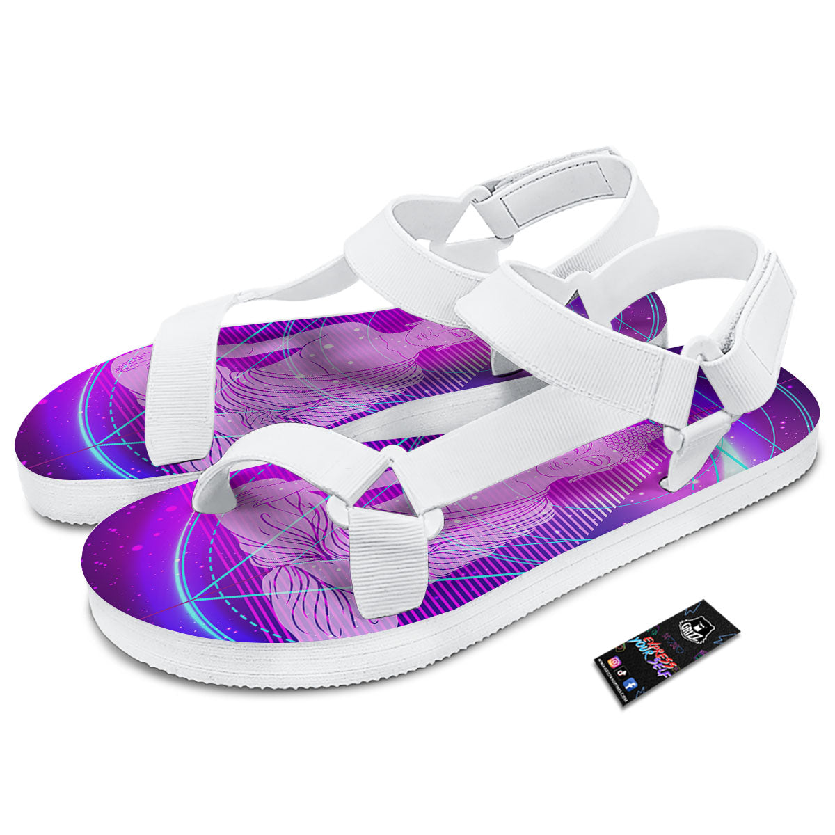 Buddha Teal And Purple Print White Open Toe Sandals-grizzshop