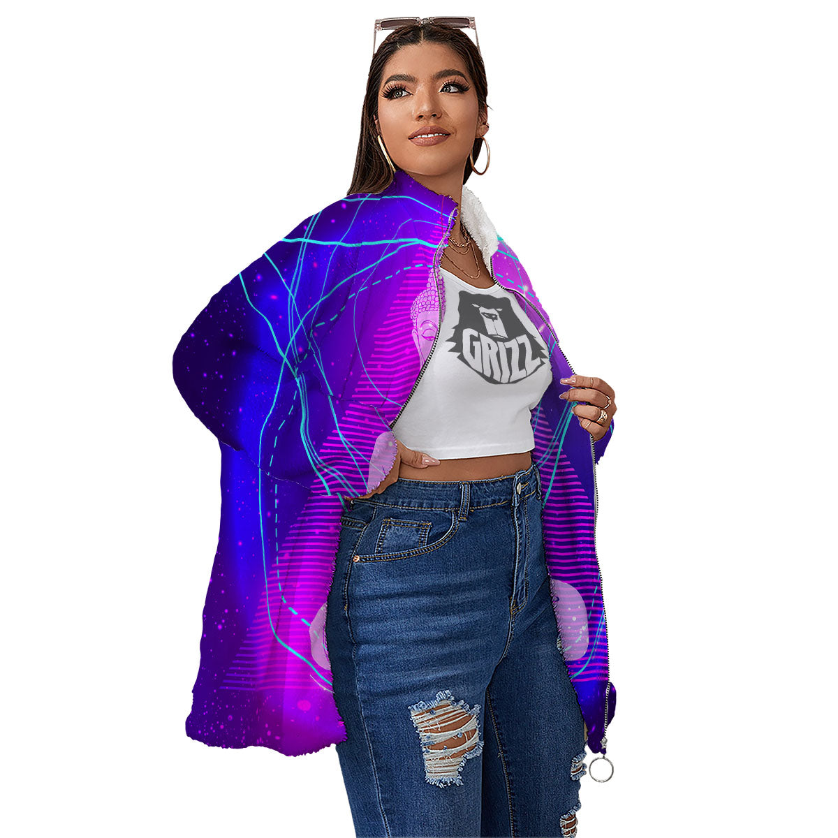 Buddha Teal And Purple Print Women's Sherpa Jacket-grizzshop
