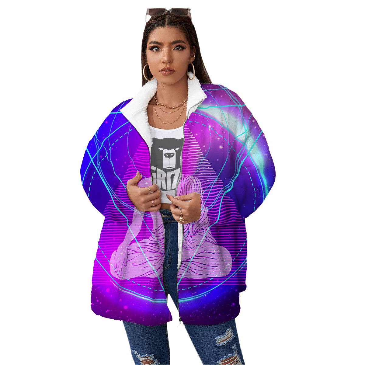 Buddha Teal And Purple Print Women's Sherpa Jacket-grizzshop