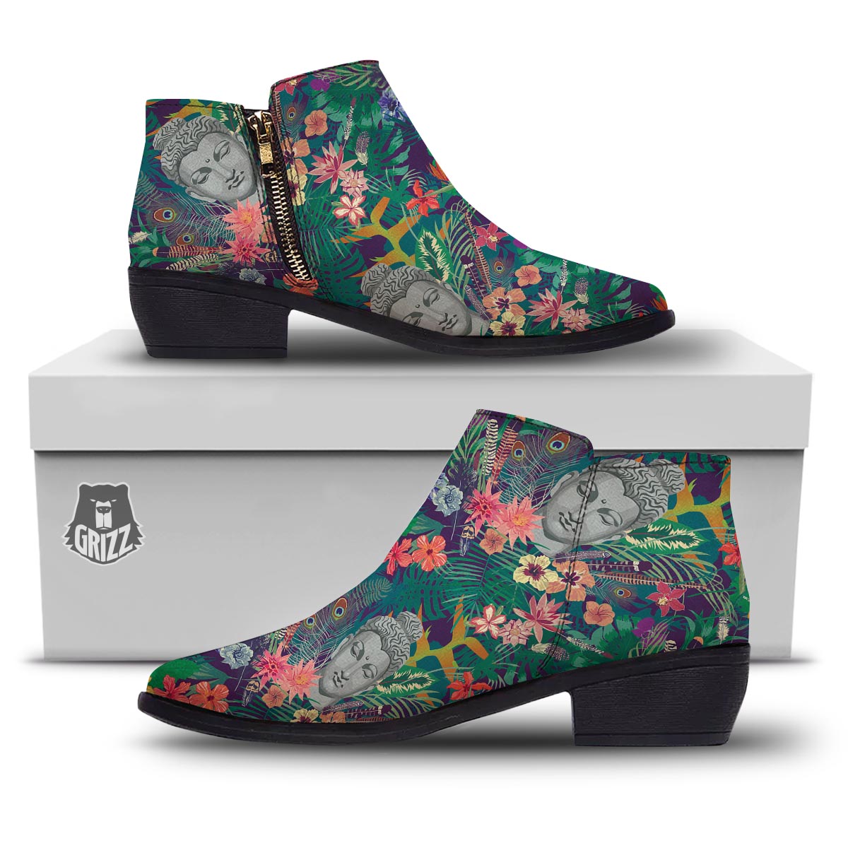 Buddha Tropical Print Pattern Ankle Boots-grizzshop