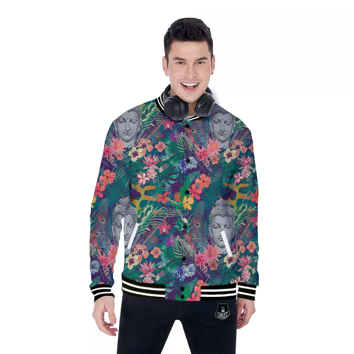 Buddha Tropical Print Pattern Baseball Jacket-grizzshop