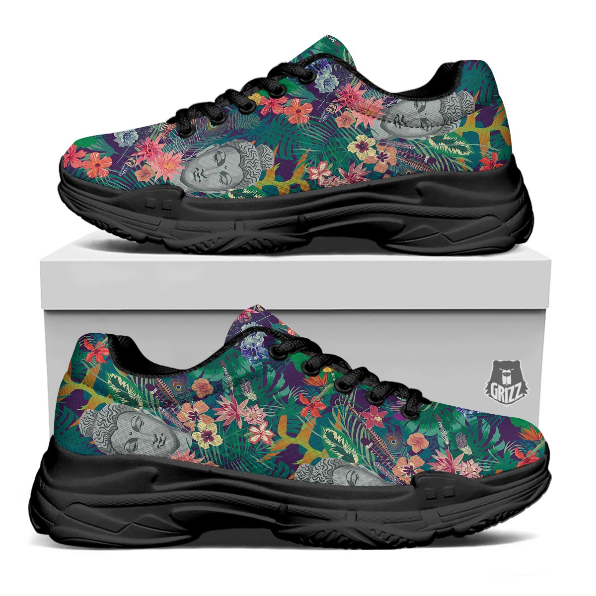 Buddha Tropical Print Pattern Black Chunky Shoes-grizzshop
