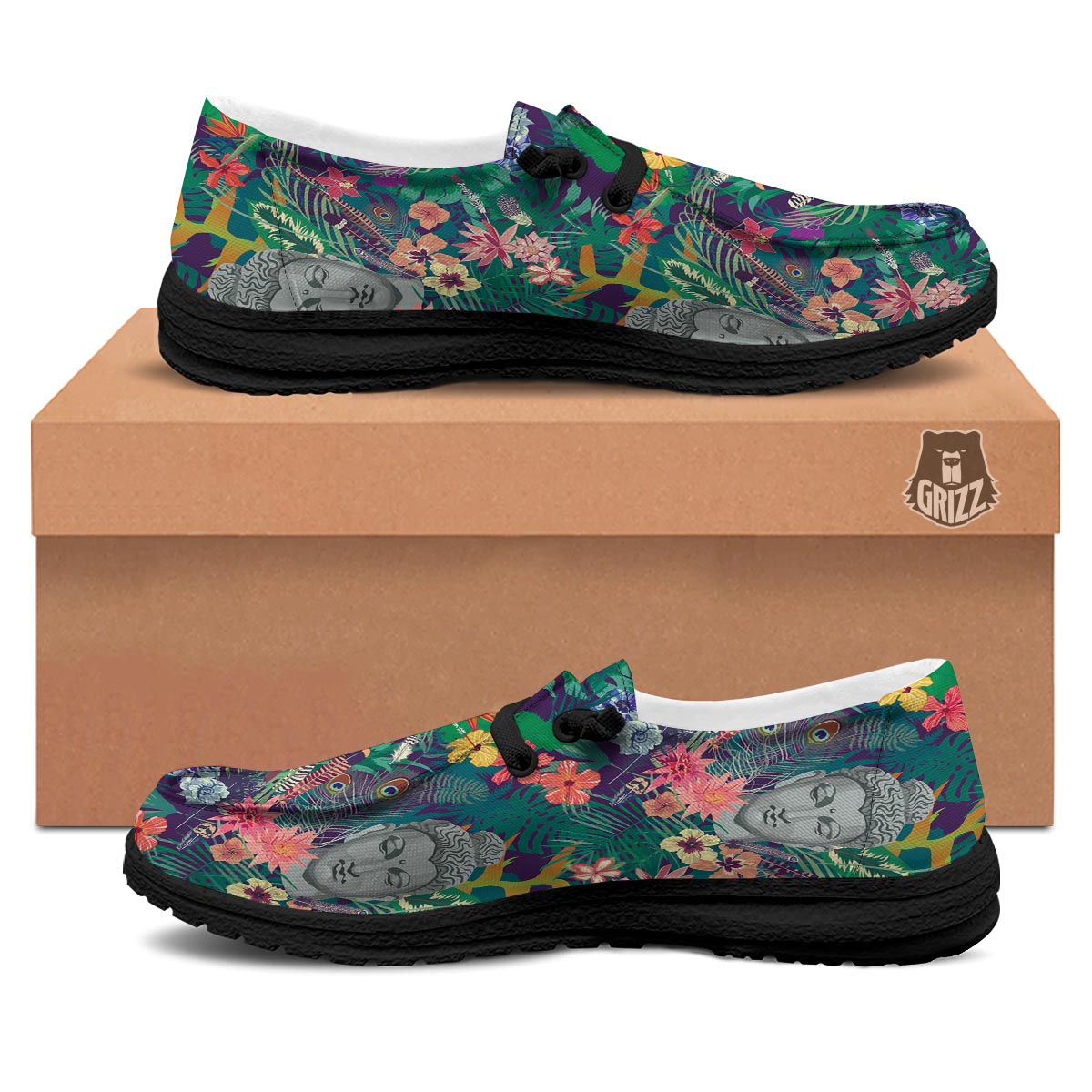 Buddha Tropical Print Pattern Black Loafers-grizzshop