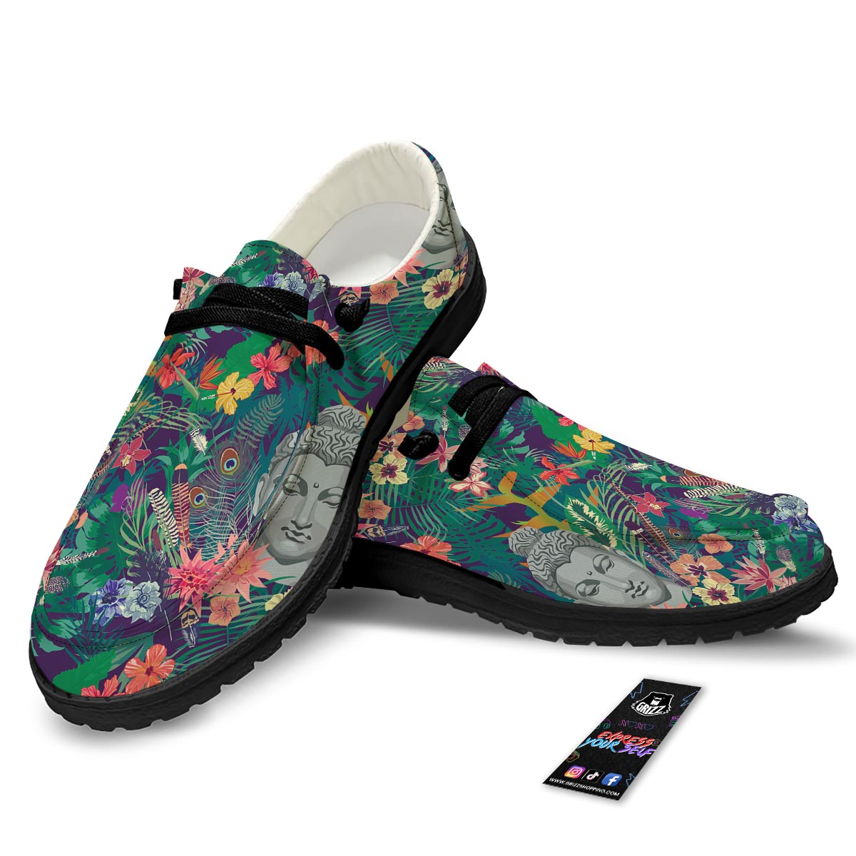 Buddha Tropical Print Pattern Black Loafers-grizzshop