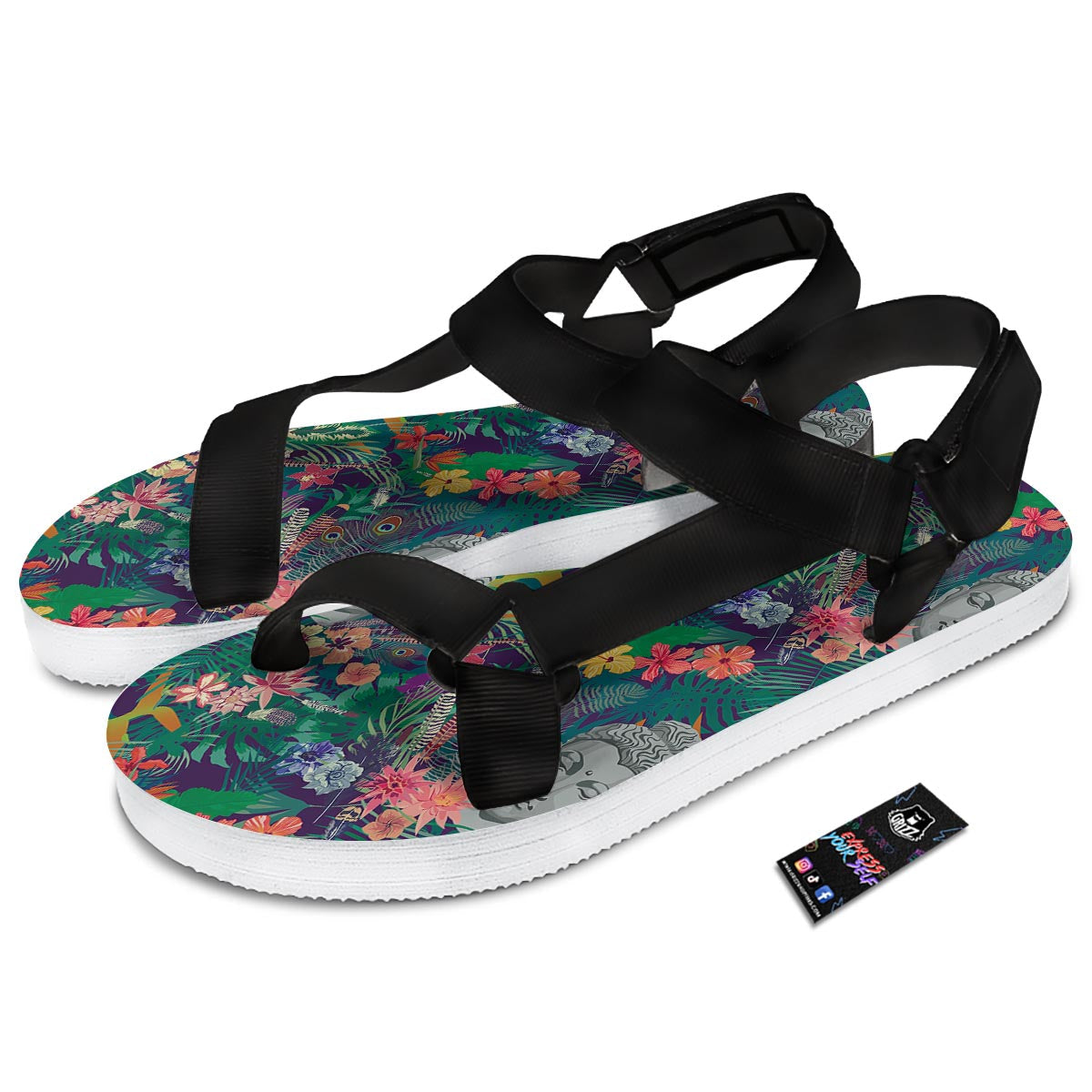 Buddha Tropical Print Pattern Black Open Toe Sandals-grizzshop