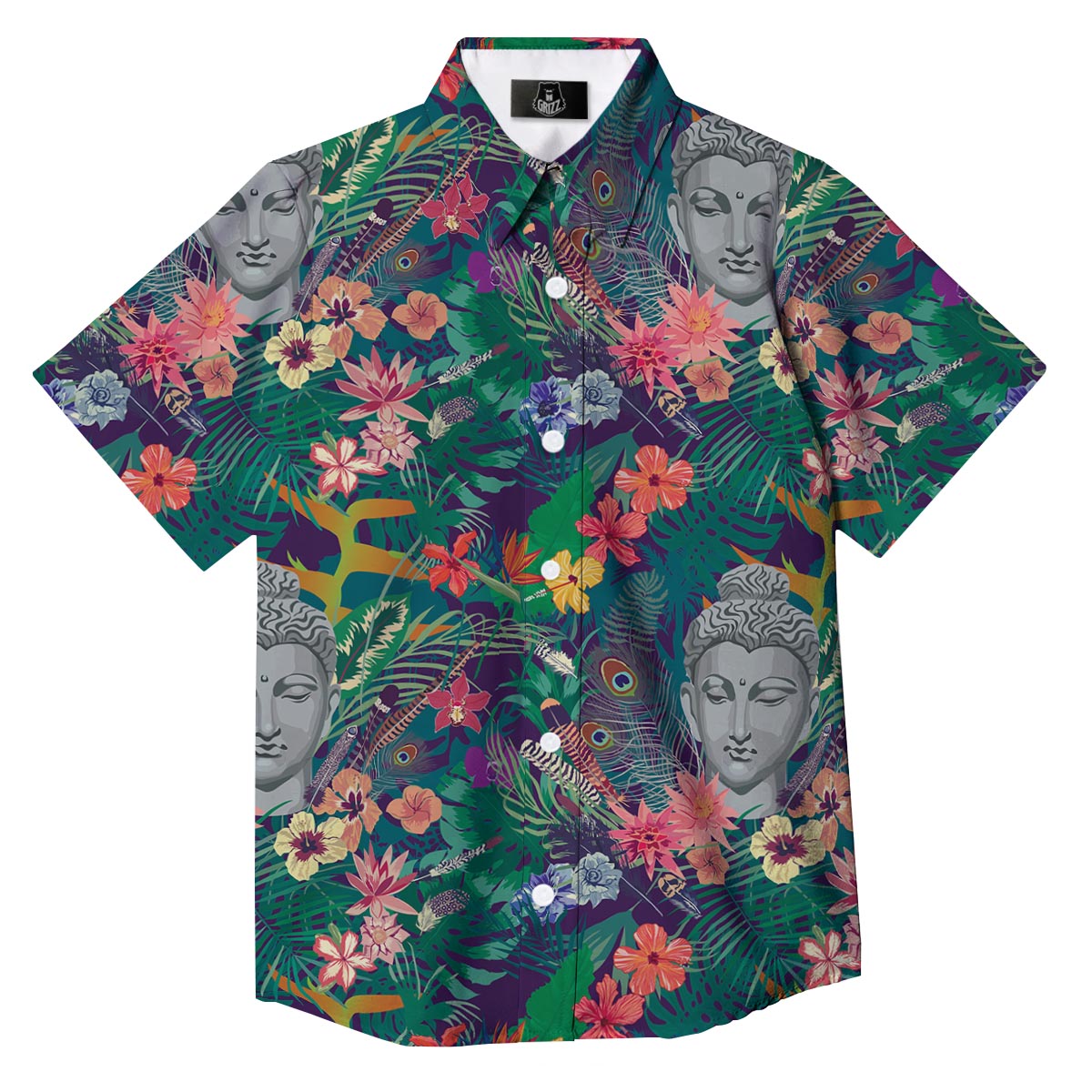 Buddha Tropical Print Pattern Button Up Shirt-grizzshop