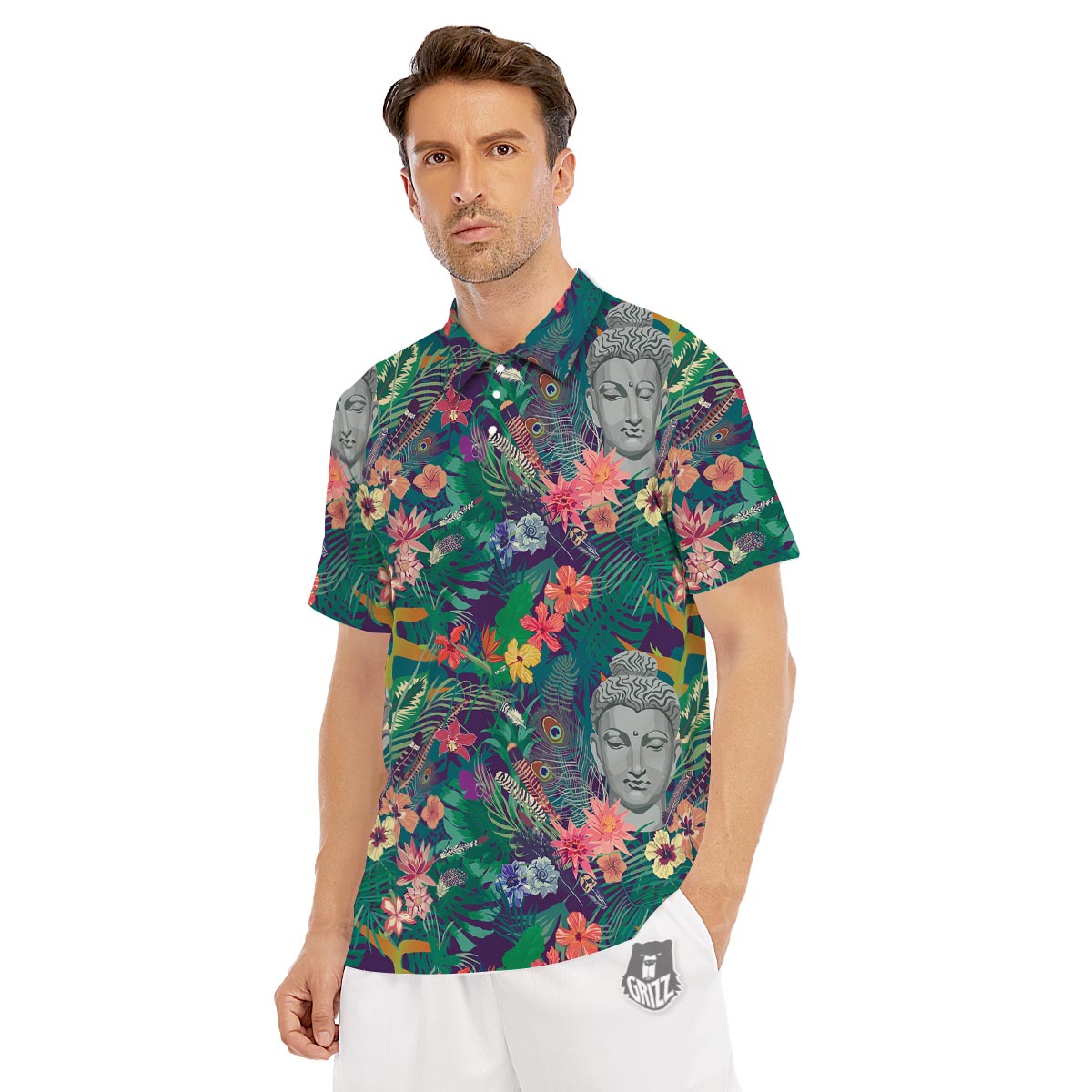Buddha Tropical Print Pattern Men's Golf Shirts-grizzshop