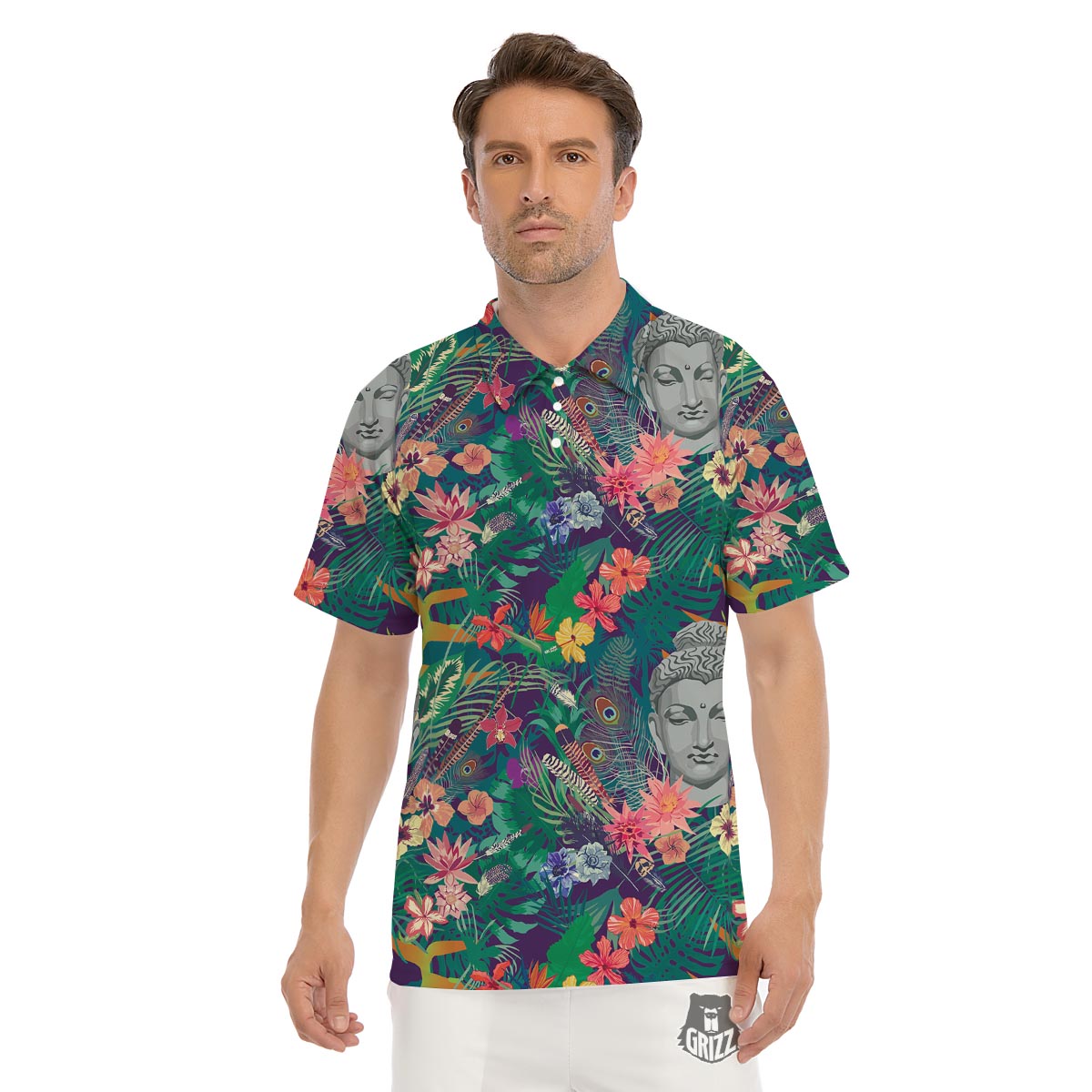 Buddha Tropical Print Pattern Men's Golf Shirts-grizzshop