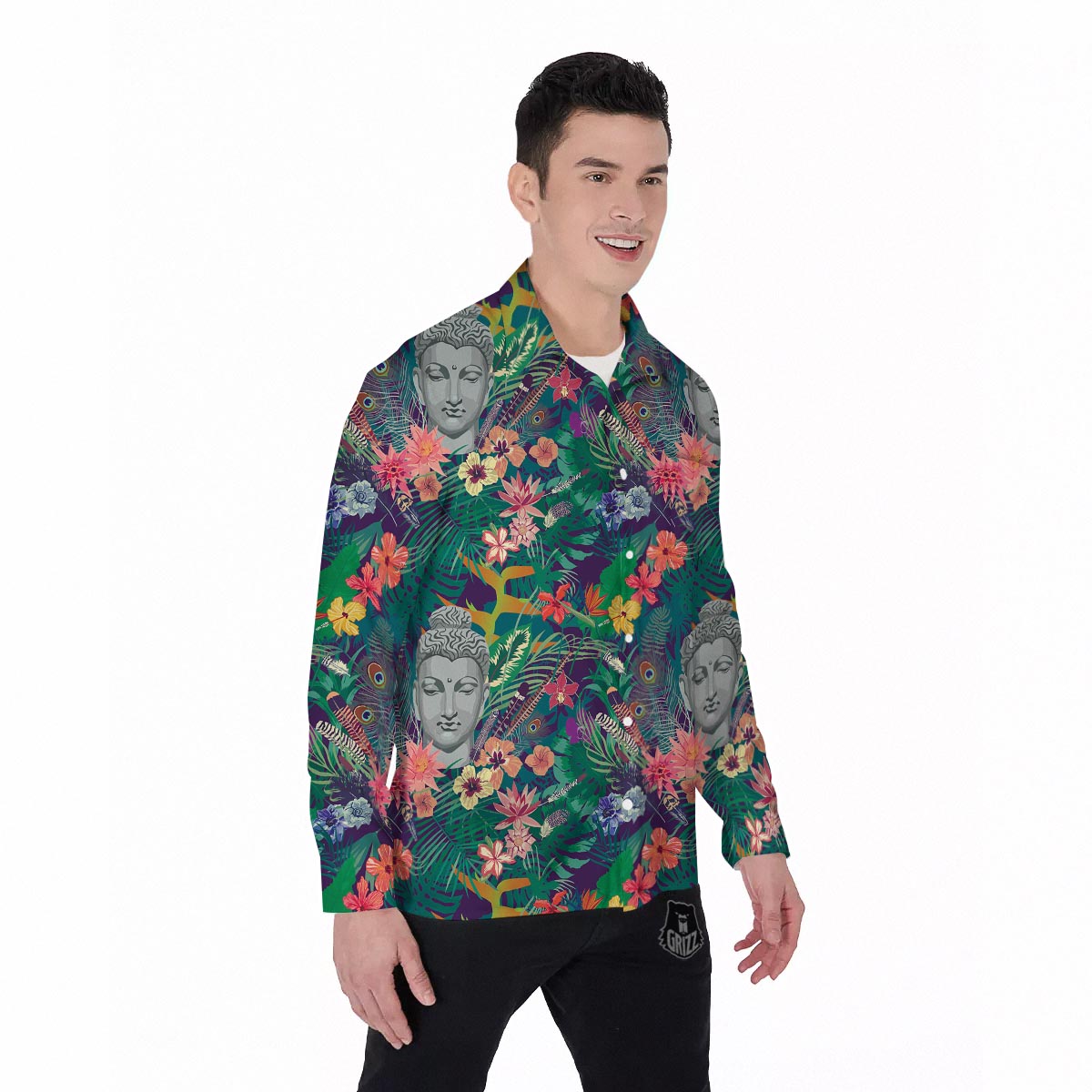 Buddha Tropical Print Pattern Men's Long Sleeve Shirts-grizzshop
