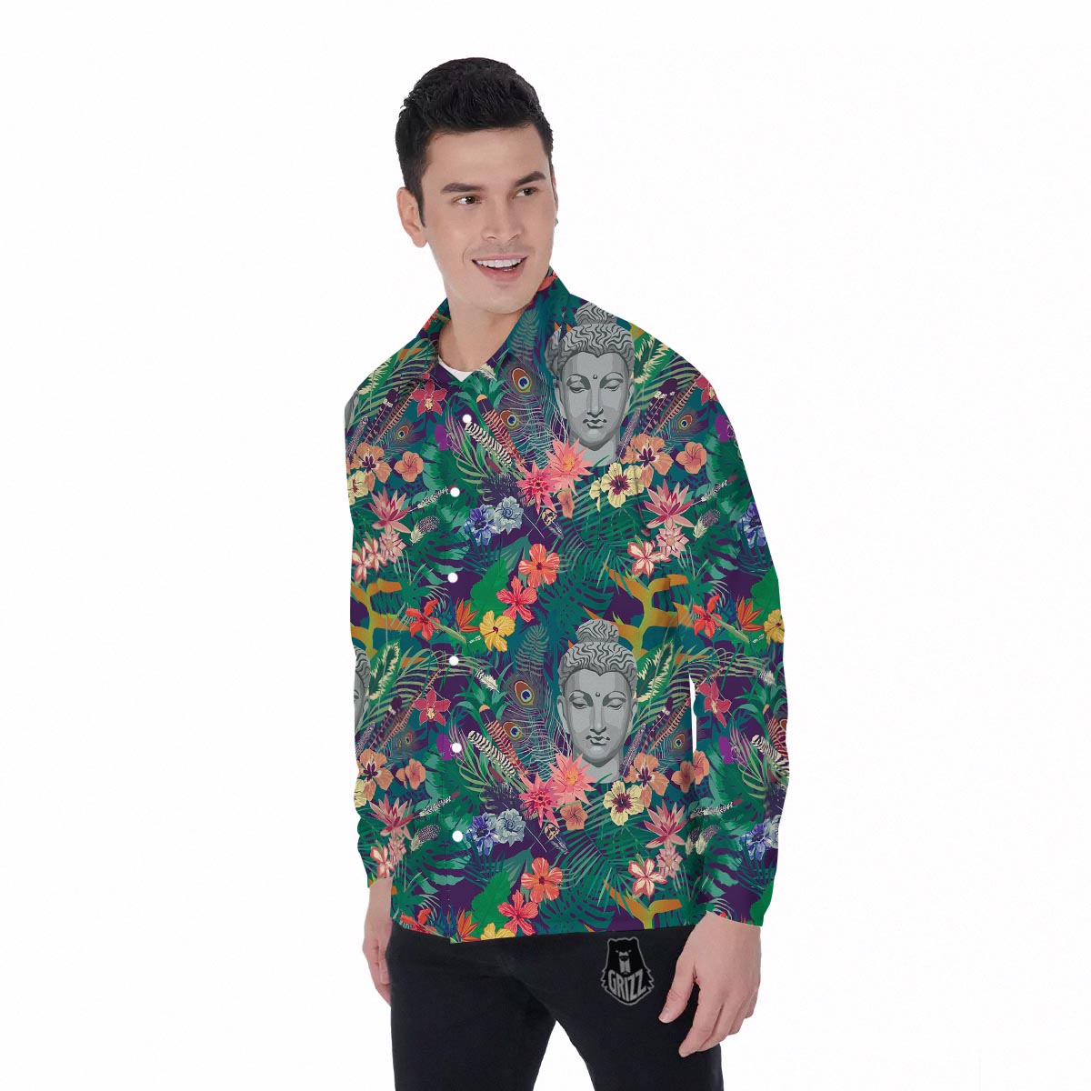 Buddha Tropical Print Pattern Men's Long Sleeve Shirts-grizzshop