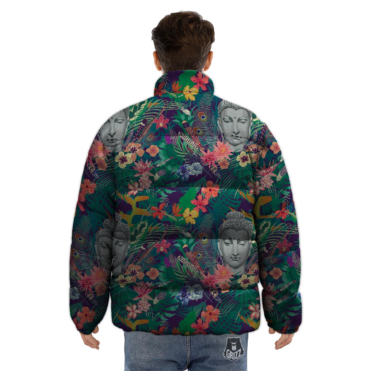 Buddha Tropical Print Pattern Puffer Jacket-grizzshop