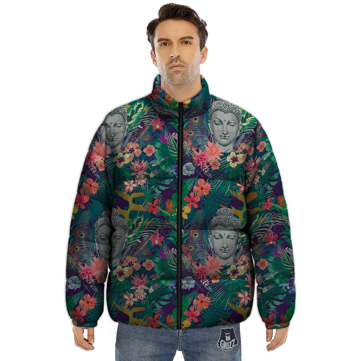 Buddha Tropical Print Pattern Puffer Jacket-grizzshop