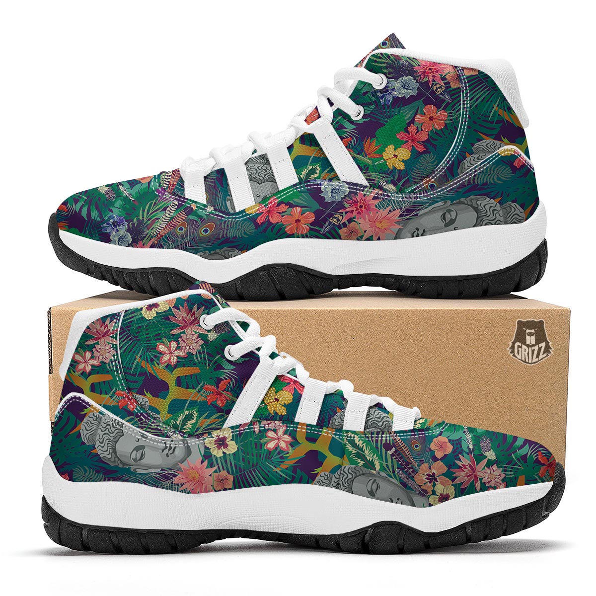 Buddha Tropical Print Pattern White Bball Shoes-grizzshop